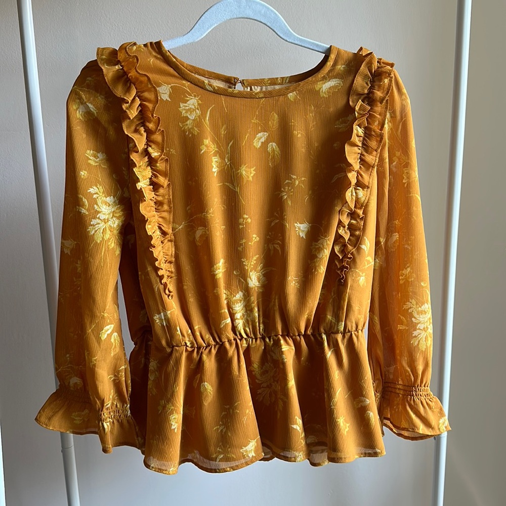 NWT Madewell Mustard Yellow Floral Blouse with 3/4 Sleeves